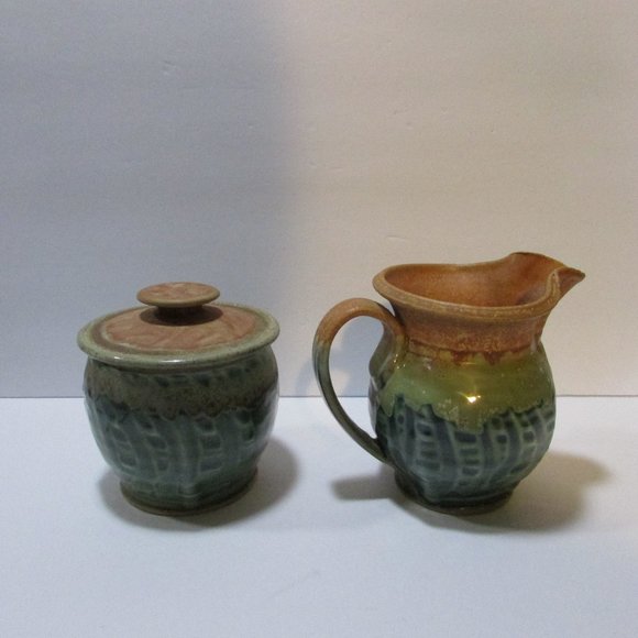 vtg green glazed pottery sugar bowl and creamer set nature tones boho table set - Picture 4 of 8
